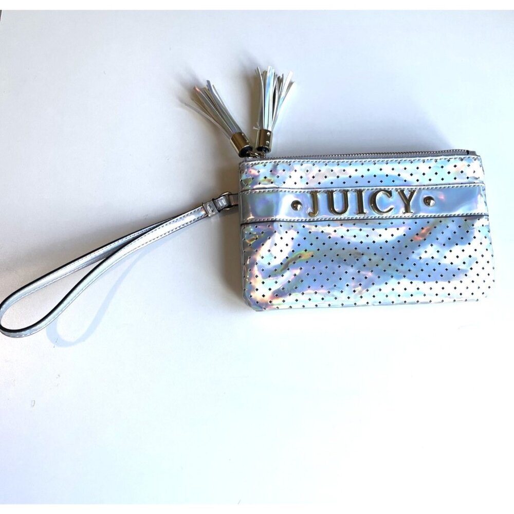 Vintage Y2K Juicy Couture Double Pouch Wristlet Silver Iridescent Zip Top Tassel